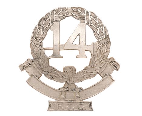 14th Federal Jungle Company Malay head-dress badge c. 1951.  Good rare die-pressed white metal laurel wreath resting on large