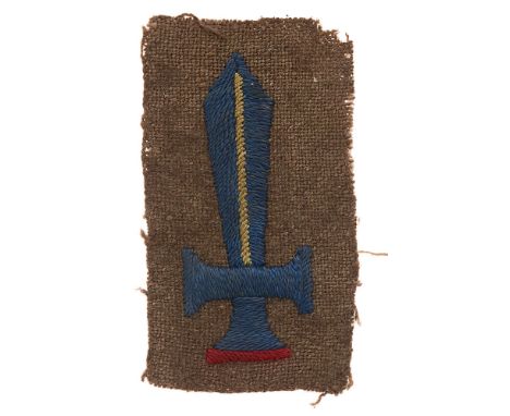 56th (London) Division WWI cloth formation sign.  Good scarce "Wat Tylerâ€™s dagger" in blue, with yellow line down the blade