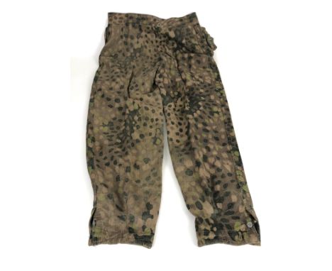 German Third Reich Waffen-SS Panzer camouflage trousers.  Fine scarce printed camouflage modified example retaining zinc fly 