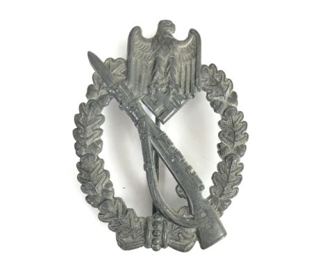 German Third Reich WW2 Army / Waffen-SS Infantry Assault breast badge by Julius Bauer &amp; SÃ¶hne.  Good die-cast silvered z