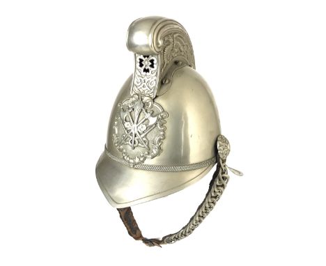 Victorian / Edwardian  Merryweather Pattern Fire Brigade Officer's Helmet  This white metal example with a high comb embossed