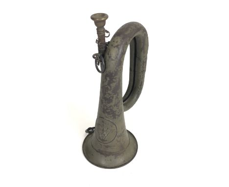 WW1 1916 German Prussian Military Bugle.  This metal example retains a large amount of the original field grey paint. Embosse