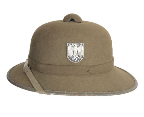 German Third Reich WW2 Army Afrika Korps issue sun helmet.  A good clean example of green felt material with leather chin str