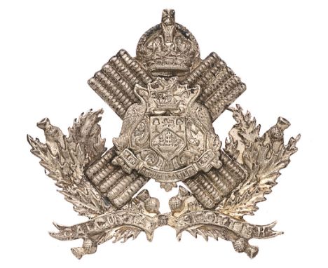 Calcutta Scottish Indian Army glengarry badge. Good scarce silvered crowned saltire bearing Arms of Calcutta, resting on a th