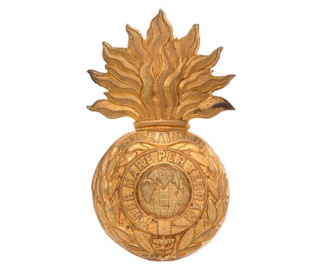 Royal Marine Artillery helmet plate badge c. 1878-1905.  Good die-stamped brass large flaming grenade; the ball bearing laure