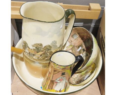 Group of Royal Doulton Gaffers pattern wares and a large Royal Doulton ewer and basin printed and painted with a village in l