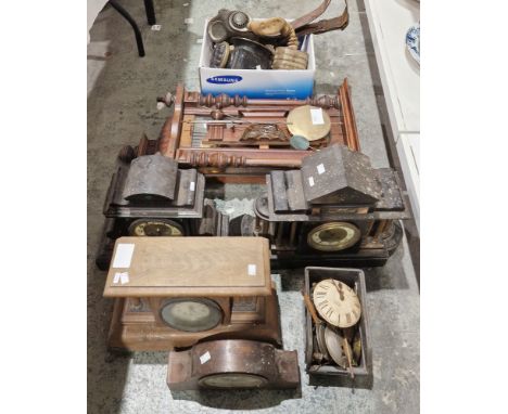 A collection of Antique clocks and parts including two Victorian slate mantel clocks, one with quartz movement, a Vienna regu