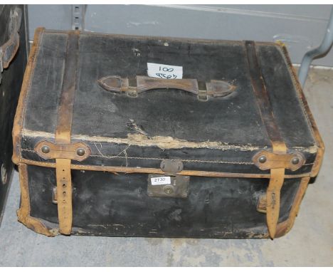 Vintage black leather travelling trunk&nbsp;(with wear), a fitted tray&nbsp;