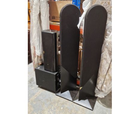 A Collection of cinema sound systems speakers to include a Tannay powered sub - woofer, a pair of Danish 'silhouette' floor s