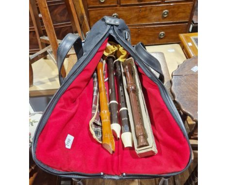 Two Alios recorders, a Dolmetsch descant recorder&nbsp;and a triangle within a zip up case and a Honer Solist German recorder