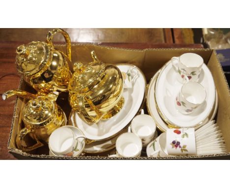 Modern Chinese famille rose style tea service, a Royal Worcester gold lustre teapot, coffee pot and other items, a collection