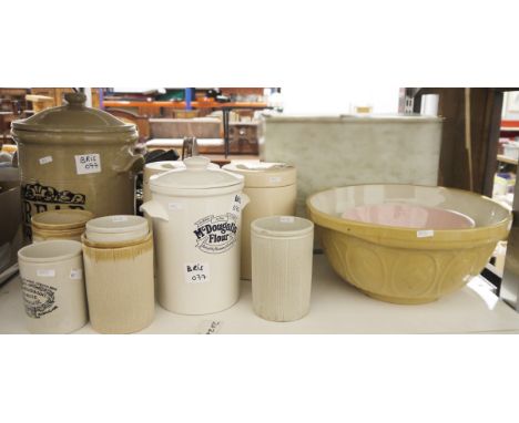 McDougalls Flour lidded jar, a large lidded jar&nbsp;bearing label 'Bread', a large stoneware mixing bowl&nbsp;with two small