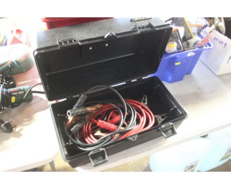 Two pairs of jump leads, contained in a plastic tool box 