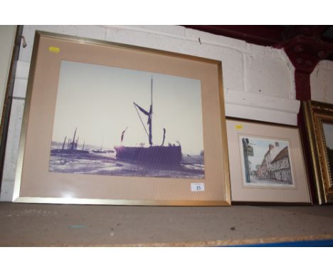 A photograph of a river barge; and a pencil signed print of Ashbourne