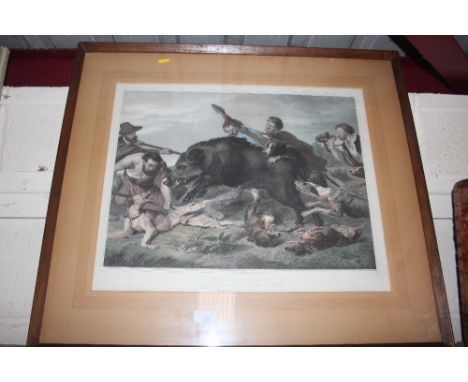 A coloured continental print of a boar hunt 