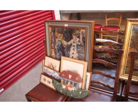 An impressionist style print; a wooden Noah's Ark coat rack; various embroideries, prints etc. 