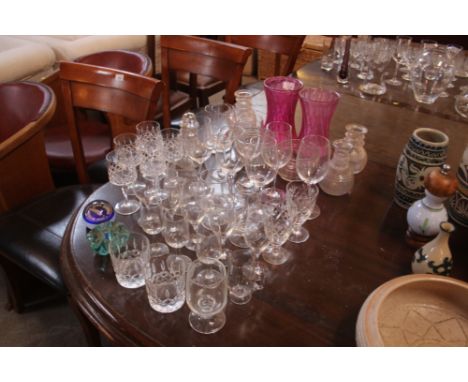 A pair of ruby tinted glass vases of waisted form; and various miscellaneous table glassware 