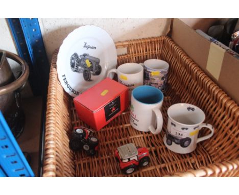 A wicker basket containing various tractor related china 