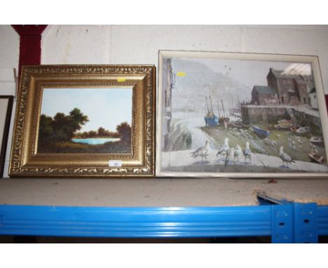 Oil on board, study of a lake scene indistinctly signed; and a coloured Vernon Ward print depicting seagulls at a fishing por