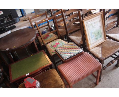 A pair of Edwardian inlaid bedroom chairs with tapestry seats; a folding stool with tapestry seat; and a pink loom dressing s