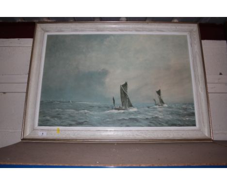 W F Burton, coloured print of barges at sea