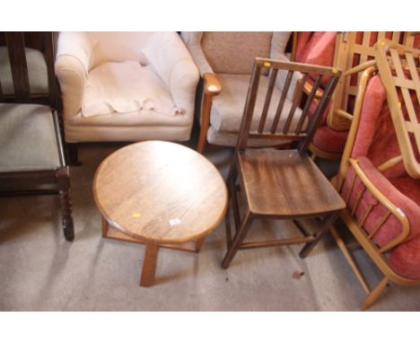 A light oak circular 1930's coffee table; and an antique elm rail back dining chair