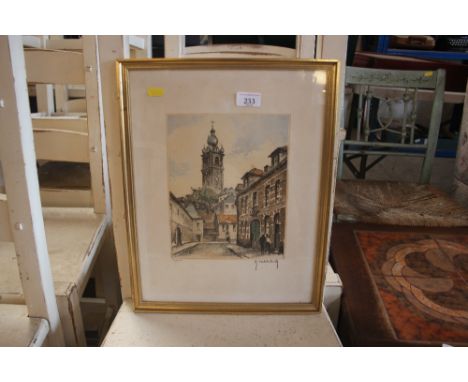 A pencil signed limited edition coloured print of a continental street scene 