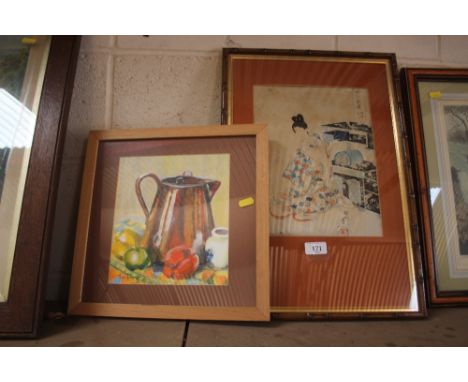 An old Japanese print of a Geisha in bamboo effect frame; and David Weight, oil painting of a still life  