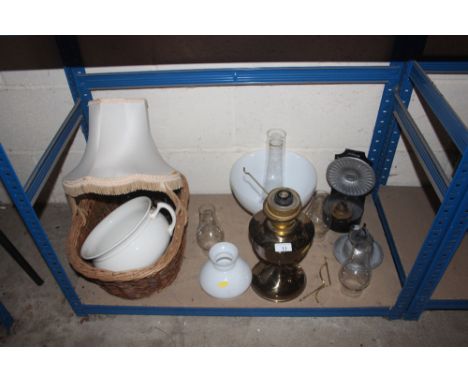 Various oil lamps and oil lamp parts; wicker basket; chamber pot etc.