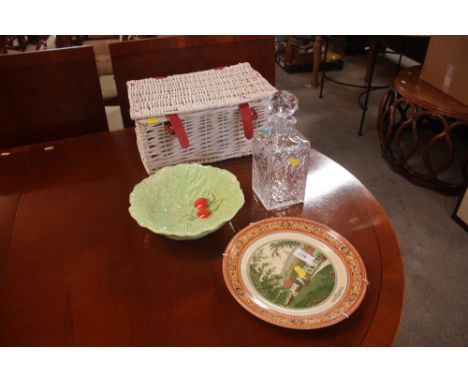 A Carltonware leaf salad bowl; a square cut decanter; a Lorna Doone series plate; and a wicker basket