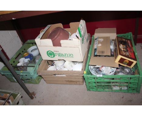 Four boxes containing Poole pottery teaware, various china and glass, kitchenalia etc. 