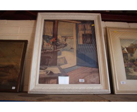 R Wince, coloured print of a cottage by the sea