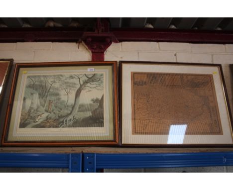 A framed and glazed map of Norfolk; and a coloured print of pheasant shooting 