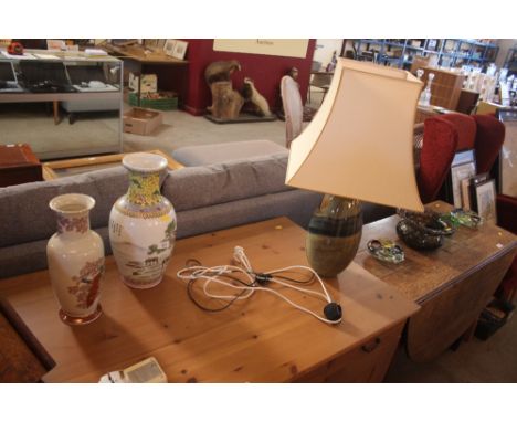 Two oriental baluster vases and a pottery table lamp and shade 