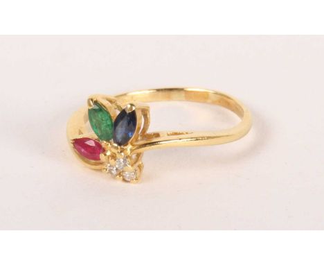 An 18 carat gold ruby, emerald, sapphire and diamond ring, 2.5g size K/L