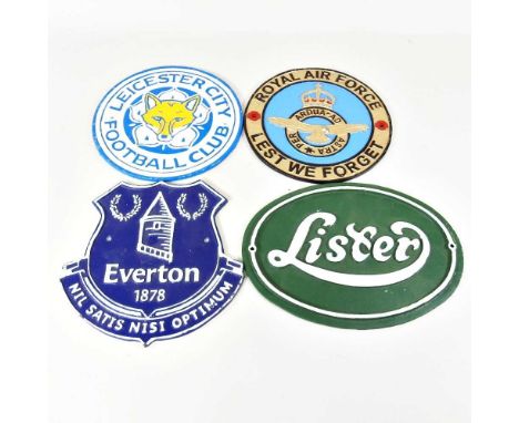 Three painted iron wall signs, for Everton and Leicester football clubs and the RAF, latter diameter 24cm