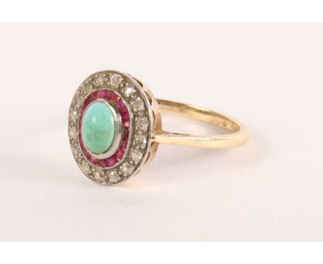 An 18ct gold turquoise, ruby, and diamond cluster ring, 4.3g, size M/NAll gems present. Setting around the rubies not perfect