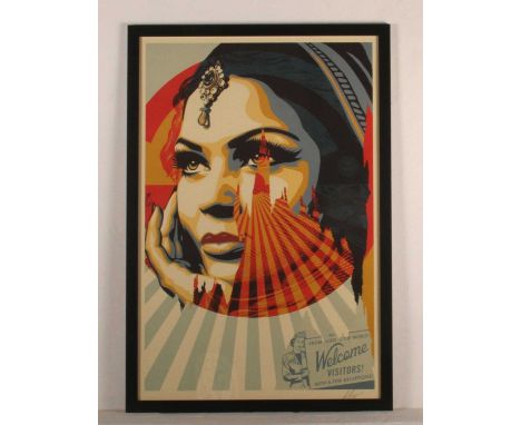 Shepard Fairey (American, b.1970), Welcome visitors, signed lithograph, 90 x 60cm, housed in a black painted frameShepard Fai