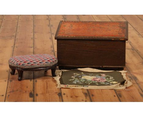 A leather-topped box, 31 x 52 x 36cm, together with a stool and an embroidery (3)
