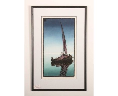 Carl Thiemann (Austrian 1881-1966), boat at sea, woodcut, signed, 38 x 20cmSome light and original ink bleed. Generally good 