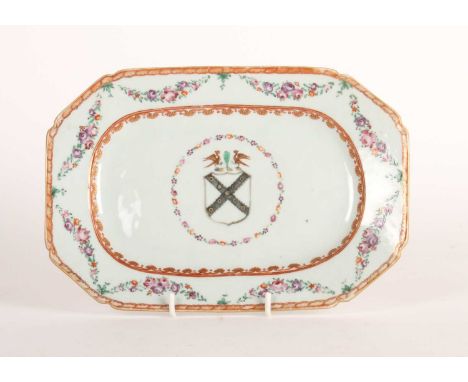 A Chinese export porcelain serving dish, Qianlong period (1736-1795), enamel decorated with the Arms of Leeke, 18 x 26cmLight