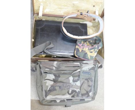 Assorted items; a suitcase, a briefcase, two wristwatches, Fossil and Animal, leather wallets, an Animal shoulder bag and cap