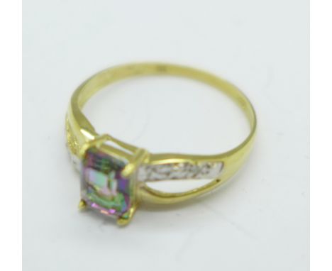 A 9ct gold, mystic topaz and diamond ring, 1.1g, O