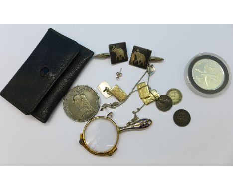 A pair of silver gilt cufflinks, Siam silver cufflinks, coins including an 1887 double florin, enamelled lorgnettes, etc.