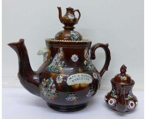 A Bargeware teapot marked Mrs J. Gordon, Sneinton, a/f and a small teapot