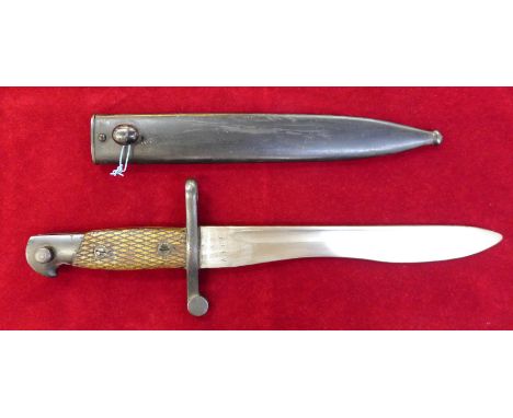 A Spanish Mauser bayonet with scabbard, the blade marked Toledo, the blade and scabbard numbered 6847