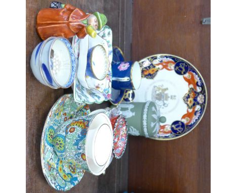 Decorative china including Royal Crown Derby, a Spode cup and saucer, a small Wedgwood lustre bowl, Royal Winton, a Goebel fi