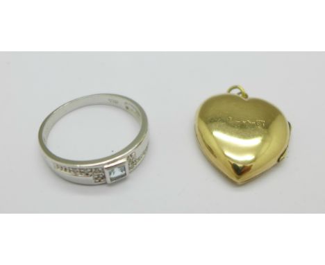 A 9ct white gold and diamond ring, 2.6g, P, and a 9ct back and front locket