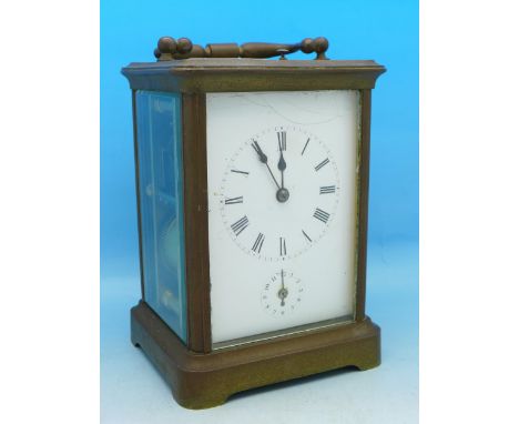 A brass and four glass sided alarm carriage clock, height 13cm, dial cracked