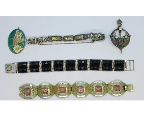 A silver and enamel pendant, three bracelets and a brooch